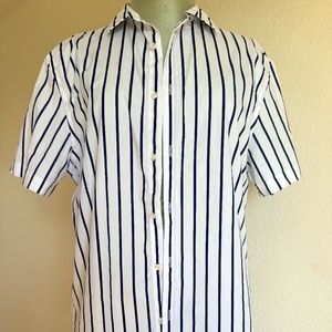 Zara Short Sleeve Navy Blue and White Stripped XL Super Slim Fit Button Up Top
